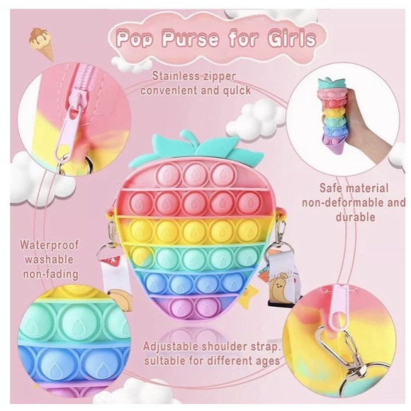 Silicone Rainbow Strawberry Fruit Popper Pop It Fidget Crossbody Bag Purse - Picture 10 of 15